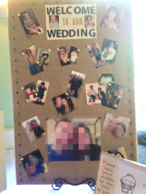 burlap covered bulletin board in use at wedding
